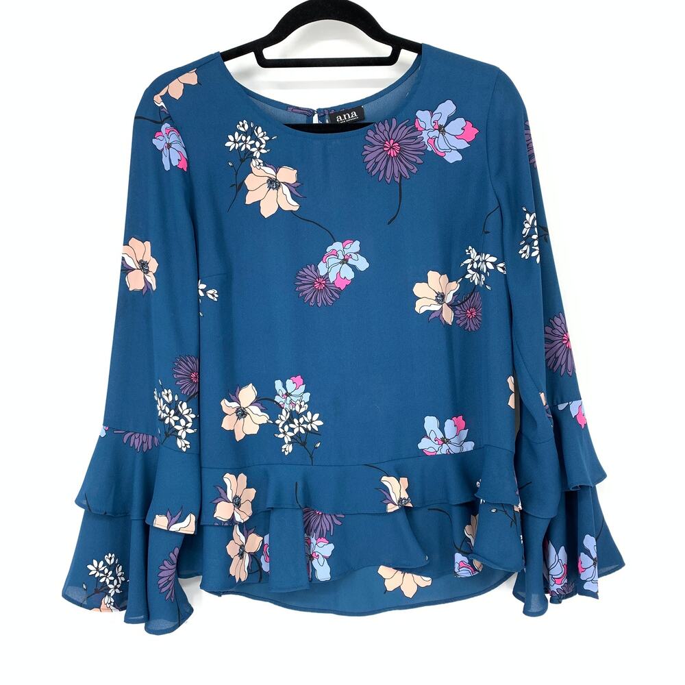 A.N.A Women's Size M Floral Print Ruffle Blouse Layered Sleeve Teal Blue